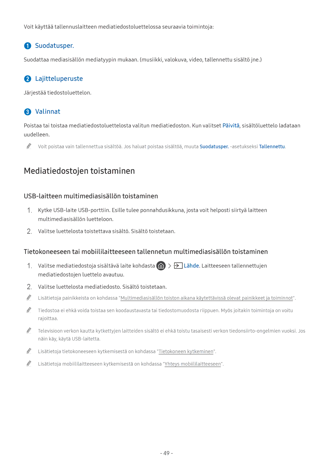 Samsung UE40MU6105KXXC, UE40MU6455UXXC manual Mediatiedostojen toistaminen,  Suodatusper,  Lajitteluperuste,  Valinnat 